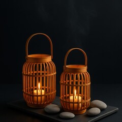 Atmospheric Candle Lanterns on Black Stone Tray with Pebbles Tranquil Home Decor Cozy Indoor Environment