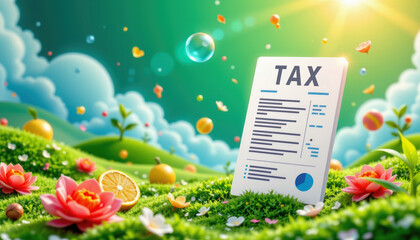 Create a vibrant tax time experience in nature documenting tax preparation amidst colorful scenery