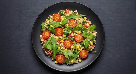 Vibrant Quinoa Salad with Cherry Tomatoes, Arugula, and Corn on Black Plate