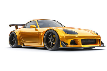 Obraz premium Golden custom sports car with black rims and spoiler, powerful automotive design showcasing luxury and speed for transportation enthusiasts