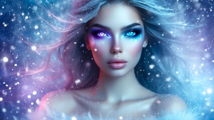 Celestial Beauty A Portrait of a Woman Bathed in Cosmic Lights and Gentle Snowfall, Embodying Ethereal Beauty.
