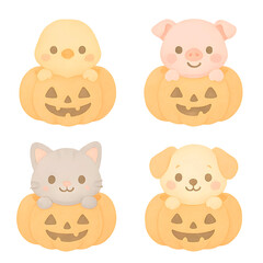 Fototapeta premium Pumpkins with Cute Animals – Kawaii Halloween Characters