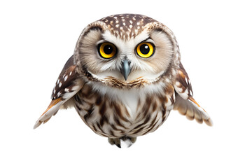 A small, fluffy owl with large, curious yellow eyes, isolated on a transparent background