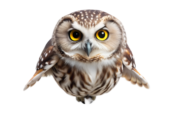 A small, fluffy owl with large, curious yellow eyes, isolated on a transparent background