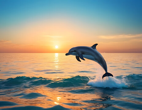 Dolphins are jumping in the blue water at sunset. Sea landscape at sunset. 3D rendering background. dolphin jumping at sunset.