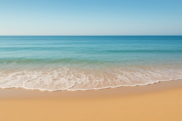 Fototapeta premium Tranquil Ocean Waves Gently Lapping Sandy Shore Serene Beach Landscape Clear Sky Peaceful Viewpoint