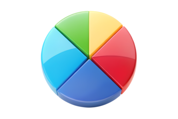 A colorful 3d pie chart with five segments, representing data analysis and business growth, isolated on a transparent background