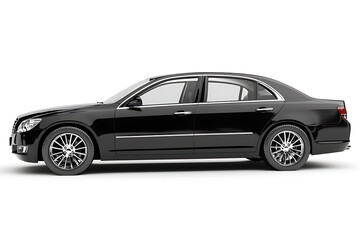 Obraz premium Sleek Black Sedan with Chrome Accents, Side View Displaying Modern Automotive Design and Luxury Car Features, Ideal for Transportation