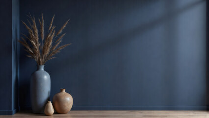 Elegant Home Decor: Pampas Grass in Vase with Rustic Pottery against a Navy Blue Wall