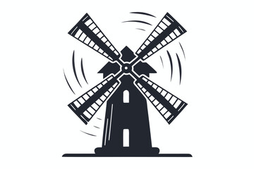 Fototapeta premium A stylized black windmill silhouette shows its blades in motion against a white background