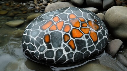 Unique Geometric Stone with Bright Orange Patterns in Stream Water