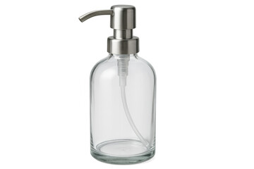 Clear glass soap dispenser with a metal pump, ready to be filled with liquid soap or lotion, isolated on a transparent background