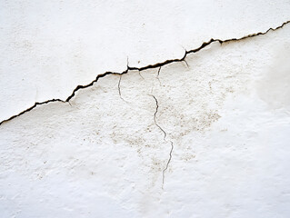 Obraz premium A large crack spreads across a wall, revealing damage underneath. The damage is enhanced by darker spots on the white wall and smaller cracks stemming from the main one.