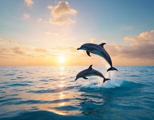 Dolphins are jumping in the blue water at sunset. Sea landscape at sunset. 3D rendering background. dolphin jumping in the sea. © Muhammad Saleem