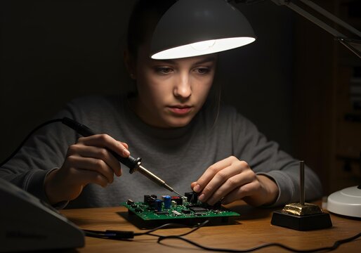 Young Woman Soldering Electronic Components onto a Circuit Board Under a Bright Lamp
