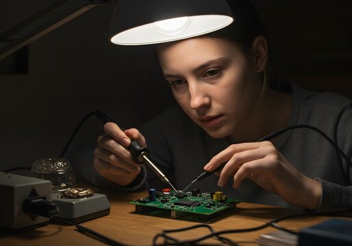 Dedicated Female Engineer Soldering Wires on a Printed Circuit Board with Precision - Powered by Adobe