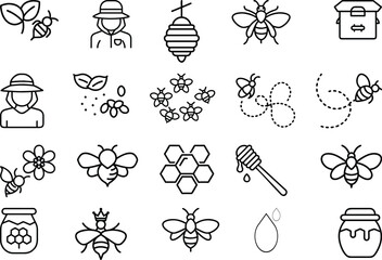 Beehive and Beekeeper Icons with Honey Products honeycomb