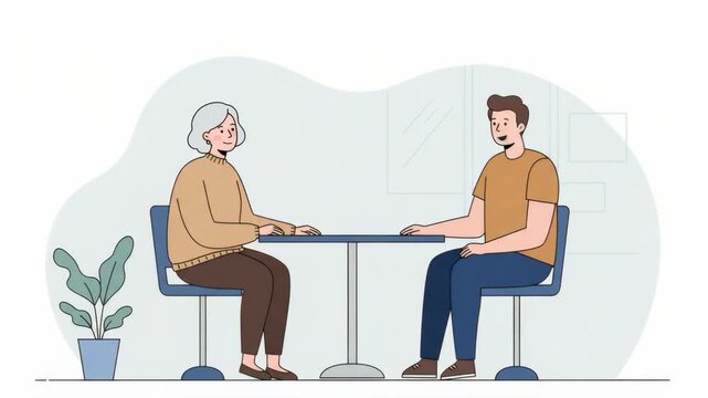 Two People Sitting at a Table in Minimalist Style Having a Conversation Featuring a Man and Woman in Casual Attire with Neutral Background
