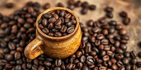 Fototapeta premium A rustic ceramic cup overflowing with dark roasted coffee beans, rich, coffee