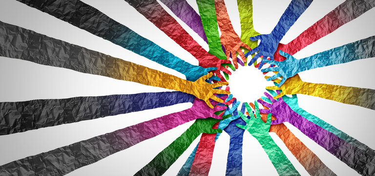 Cooperation and support as representation of belonging and a culturally rich society ascollective effort symbolizing a professional alliance formed by different hands linked in unity.