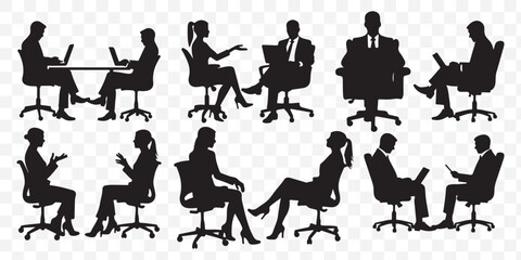 Fototapeta premium Diverse individuals seated on chairs in different postures, vector illustration. Group of people sitting, representing waiting, meetings, or casual conversations.