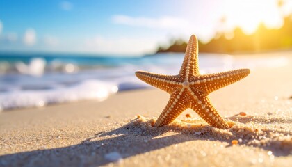 Starfish on Sandy Beach with Ocean Waves and Sunlight Background