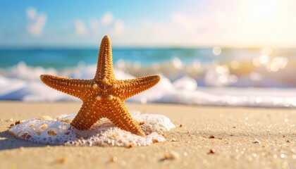 Starfish on Sandy Beach Under Bright Blue Sky and Gentle Waves