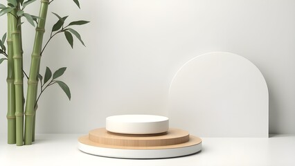 Minimalist product presentation: a bamboo podium in a clear space, accented by a subtle bamboo branch. An AI-generated natural scene.