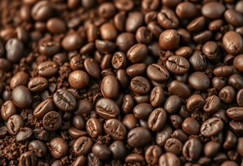Fototapeta premium Close-up of freshly ground coffee beans, rich brown hues, coarse grind, brown, photography
