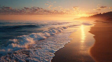 Serene Coastal Sunset with Golden Light Reflecting on the Gentle Waves and Shoreline