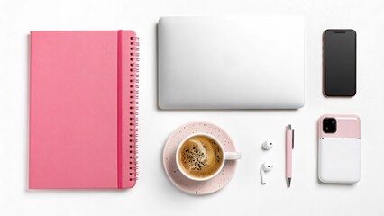 Flat lay of pink notebook, laptop, coffee, phones, pen and earbuds on a white surface from above