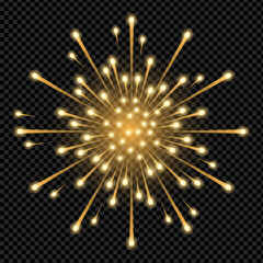 Bright yellow fireworks on transparent background. Shining festive explosion for holiday, event, New Year or party. Vector illustration.
