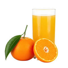 Freshly squeezed orange juice in a clear glass next to a whole orange with a green leaf and a half-cut orange, isolated. isolated PNG with Transparent Background