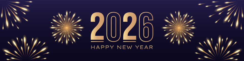 New Year festive night horizontal background with fireworks and golden numbers 2026. Vector illustration.