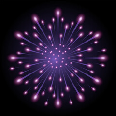 Purple fireworks exploding on black background. Bright festive explosion for holiday or party. Vector illustration.
