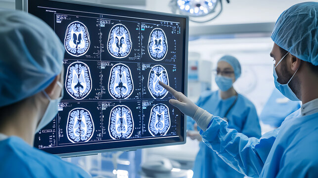 Medical professionals analyzing brain scans on a digital display. Surgical team reviews diagnostic images in a bright hospital setting. Precise healthcare.