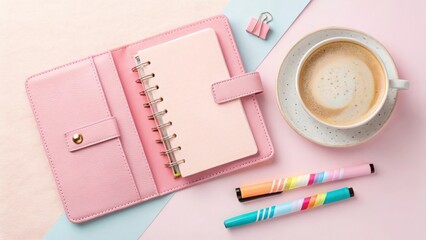 Flat lay of pink planner, coffee cup, and pens on pastel background for office or personal use