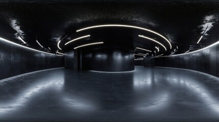 Obraz premium 360 Degree full panorama environment of black minimalistic studio environment with bright lights and reflections