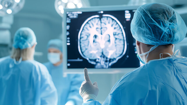 Medical team examining brain scan in operating room, preparing for a procedure. The digital image shows detailed brain structure for surgical planning.