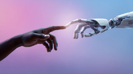 A dark-skinned human hand reaching out to a robotic hand. Symbolizing connection between humanity and technology, diversity in AI, innovation, and the future of human-machine interaction.