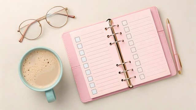 Flat lay of a pink planner with a pen, a cup of tea, and sticky notes on a colorful background