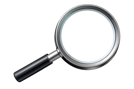 A magnifying glass with a black handle is isolated on a transparent background, ready for detailed examination