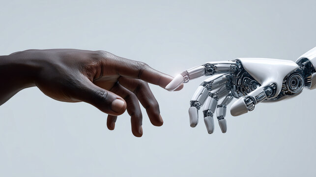 A dark-skinned human hand reaching out to a robotic hand. Symbolizing connection between humanity and technology, diversity in AI, innovation, and the future of human-machine interaction.