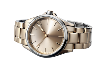 A sleek gold metal band wristwatch with a champagne dial and silver accents, isolated on a transparent background