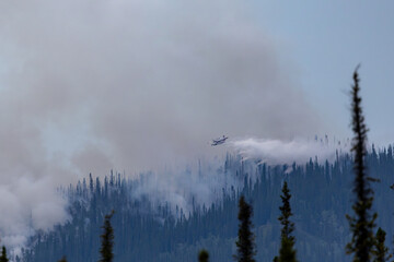 Airplane drops water on a wildfire.