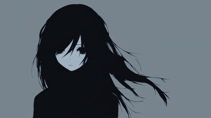 Silhouette of a pensive anime girl with flowing hair.