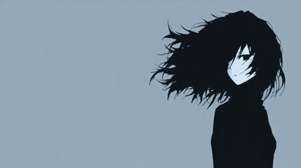 Melancholy anime girl with flowing black hair.