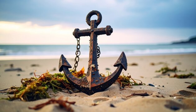 Rusty Anchor on Sandy Beach with Ocean Waves in Background