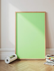 Minimalist green poster in a wood frame leaning on a wall. Paper roll and books complete the aesthetic. Ideal for visual design mockups.
