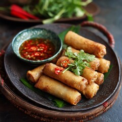 Fototapeta premium Delicious Fried Spring Rolls with Spicy Sauce on a Rustic Plate Presentation